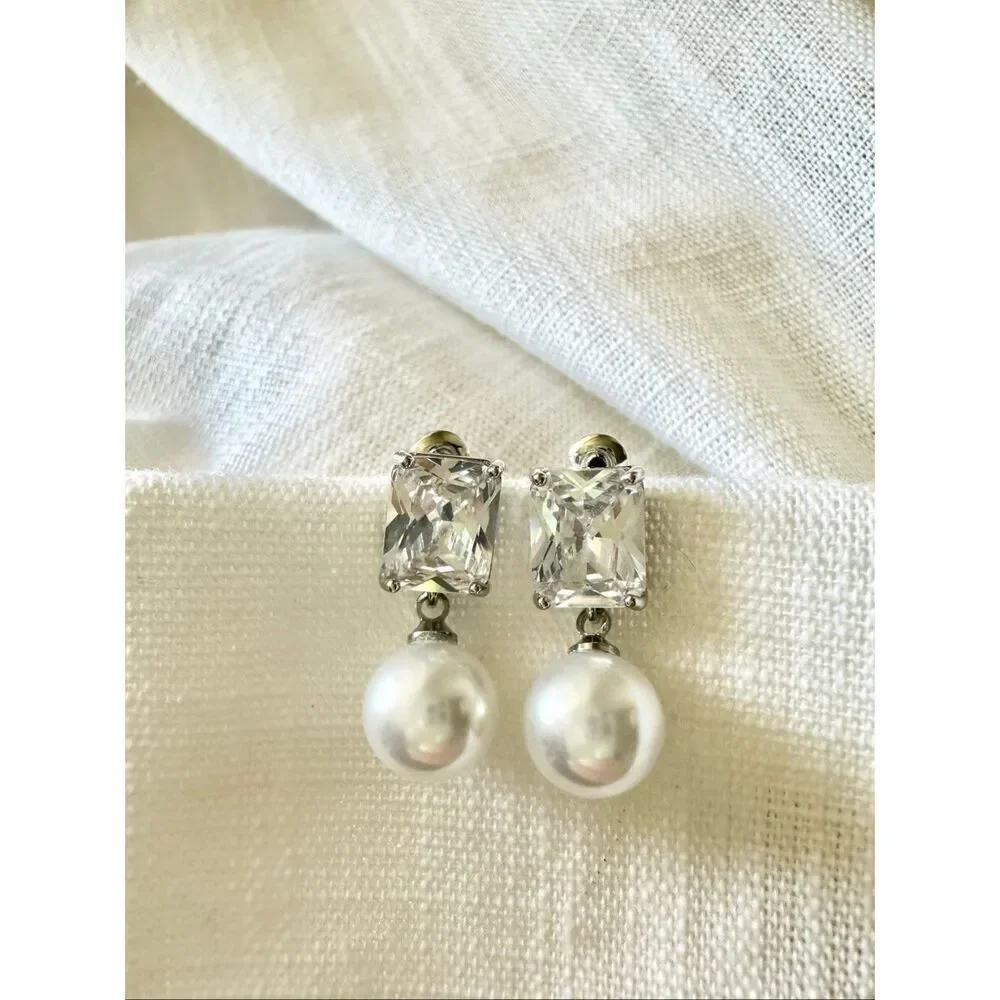 Super sparkly elongated radiant cut cubic zirconia faux pearl drop dangle earrin